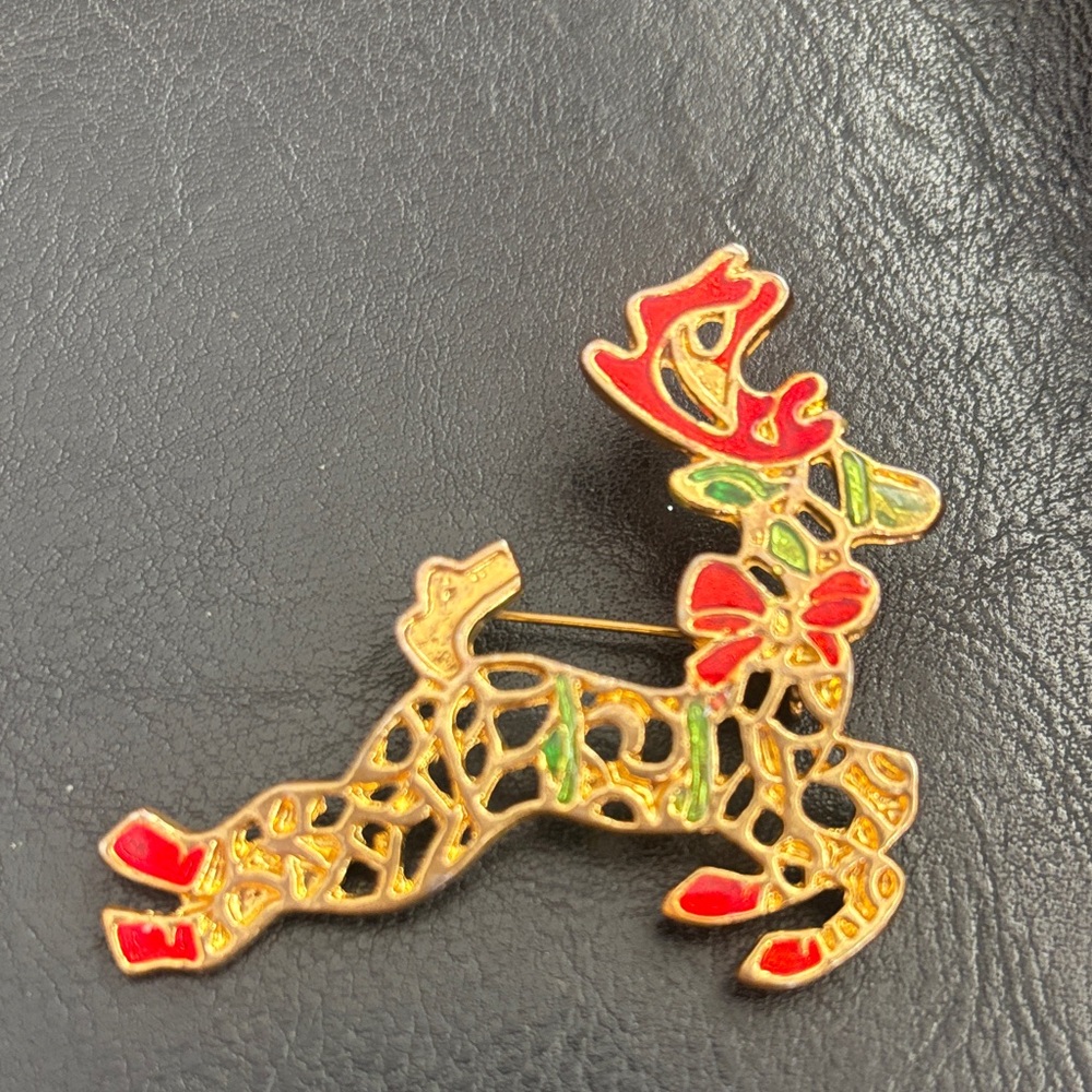 Festive Reindeer Brooch with Red and Gold enamel Accents